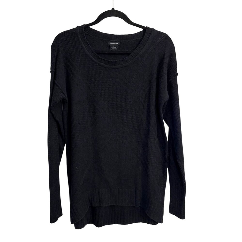 Calvin Klein Jeans Womens Black Textured Knit Sweater Size M Crew Neck Long Slee